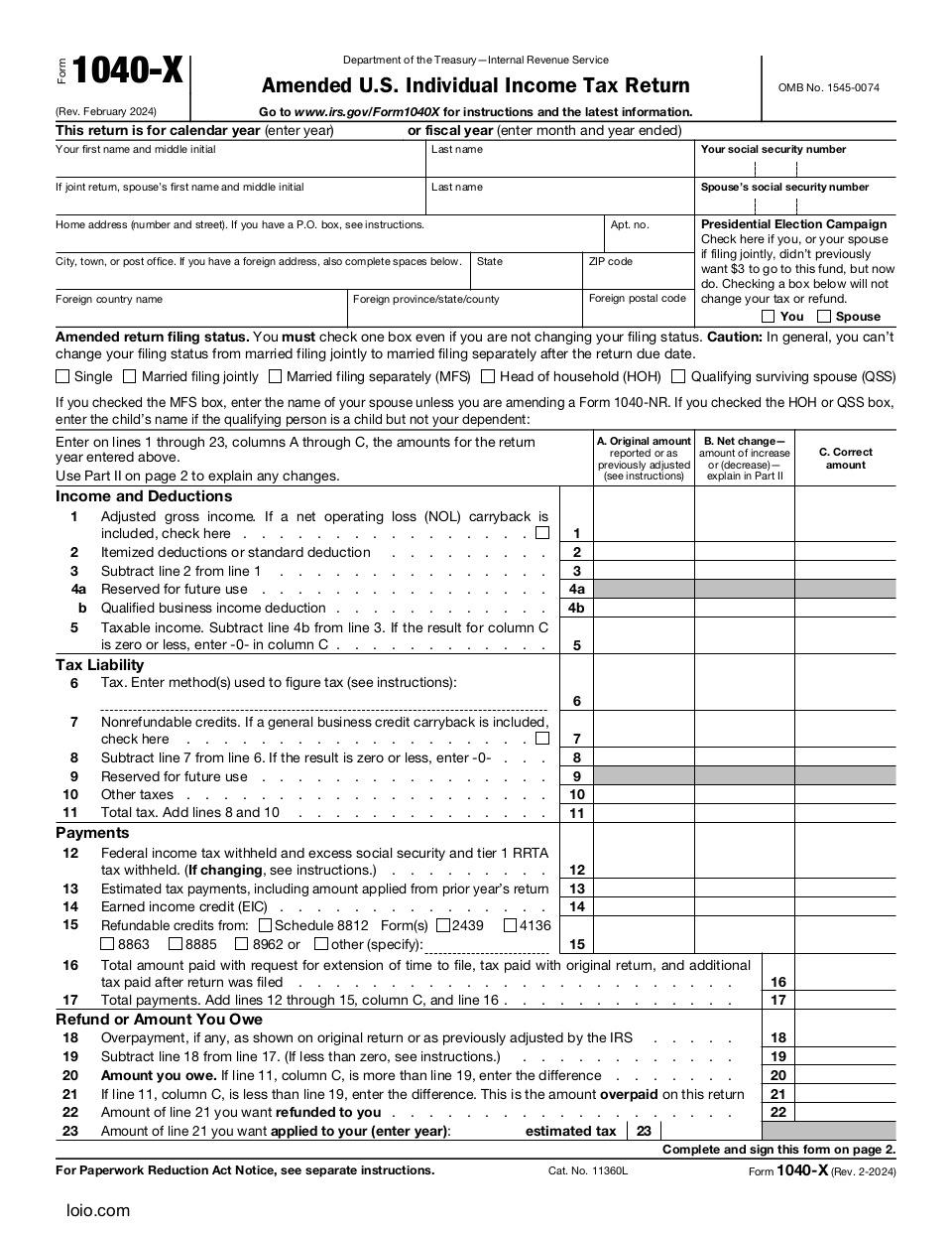 Form 1040-X Page 1