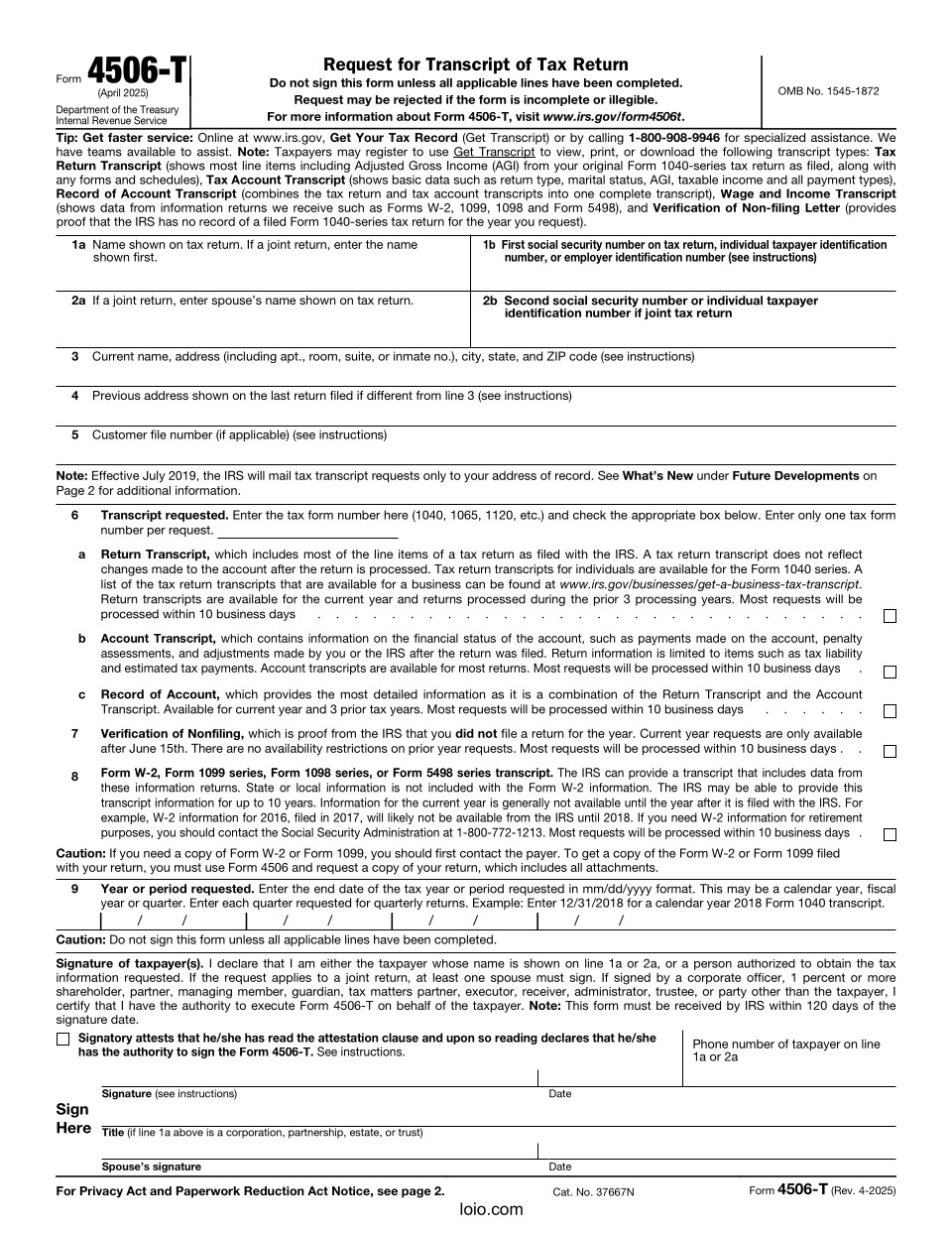 Form 4506-T Page 1