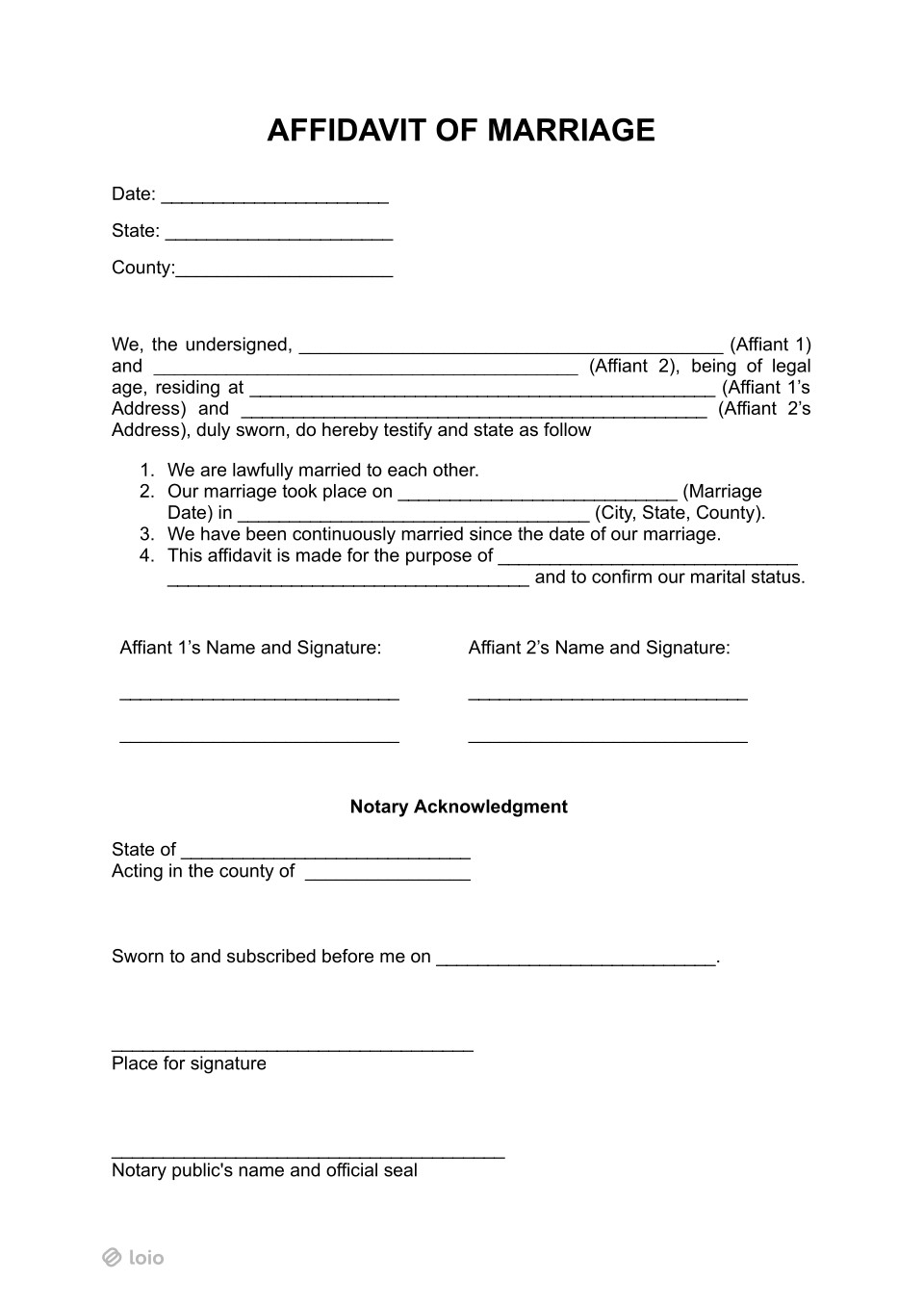 Affidavit of Marriage Page 1