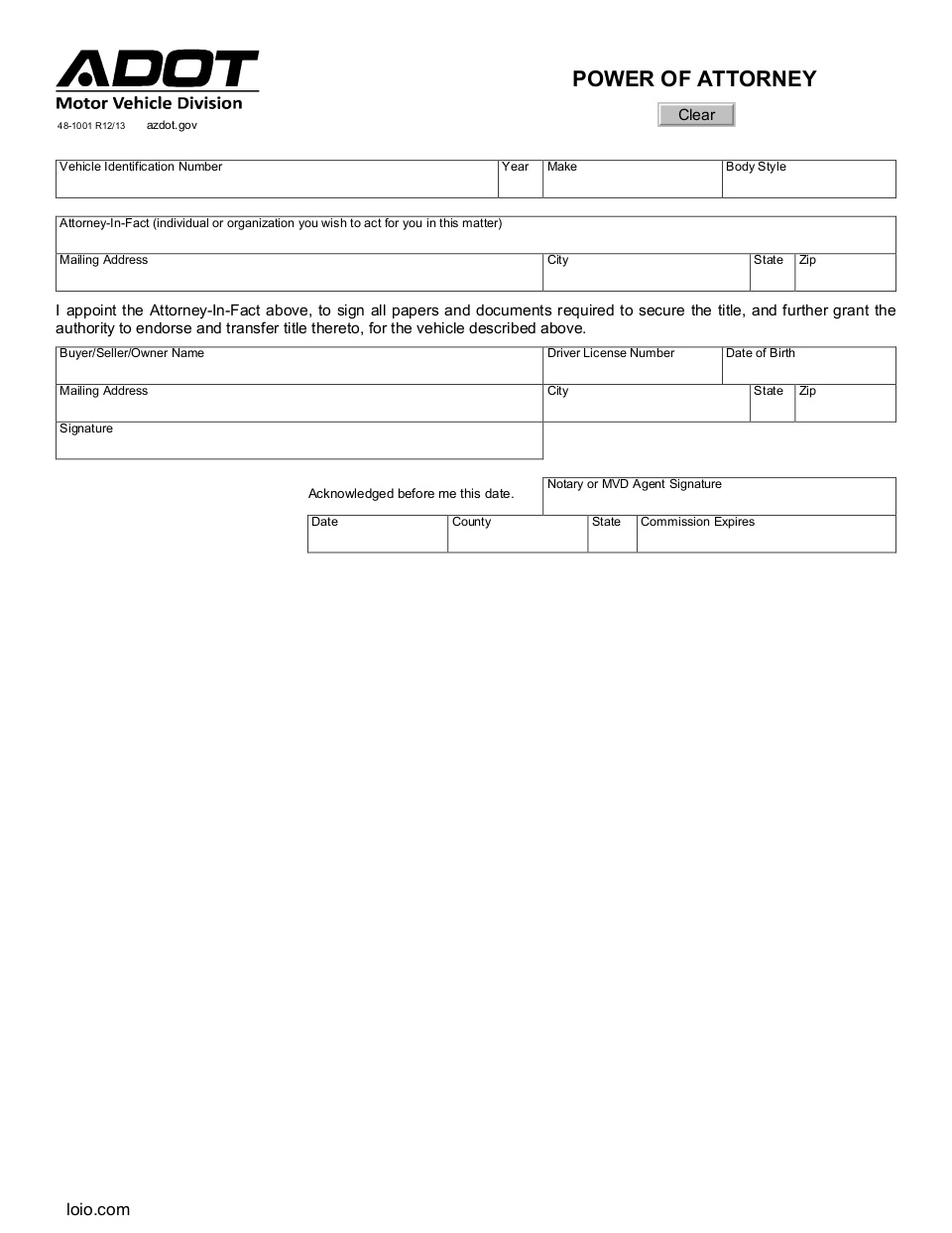 Arizona Motor Vehicle Power of Attorney Page 1