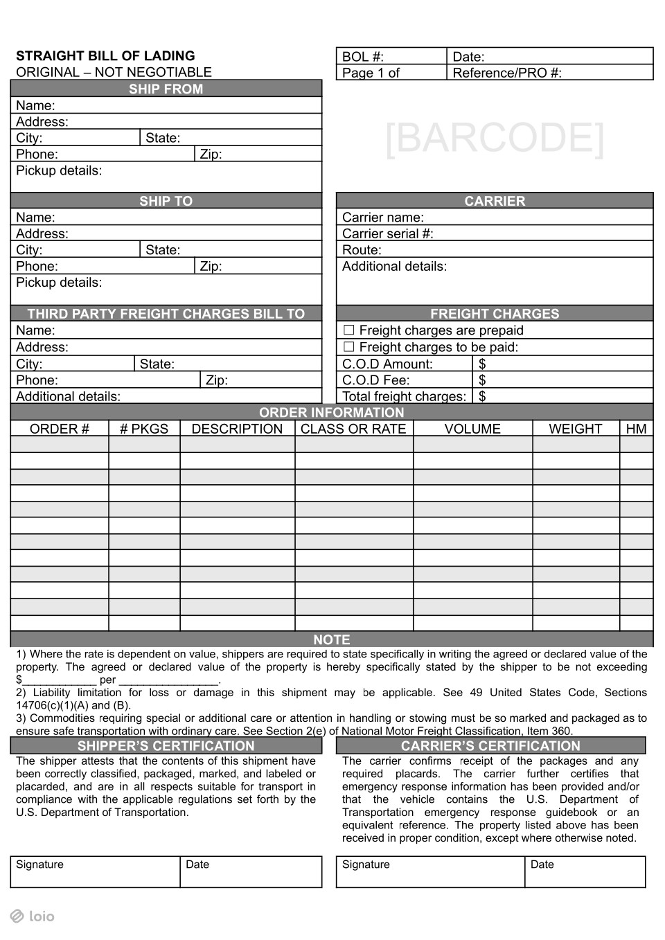 Bill of Lading Page 1