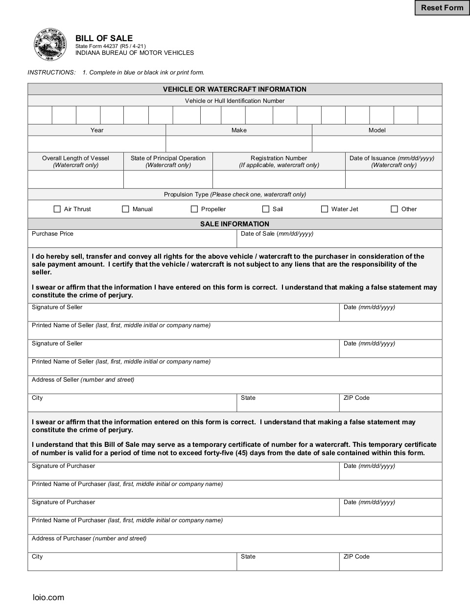 Indiana Motor Vehicle Bill of Sale Page 1