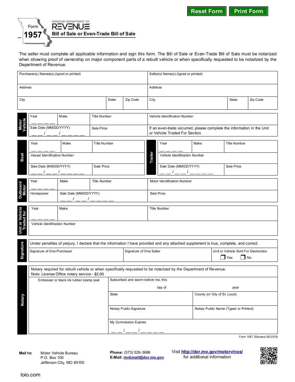 Missouri Motor Vehicle Bill of Sale Page 1