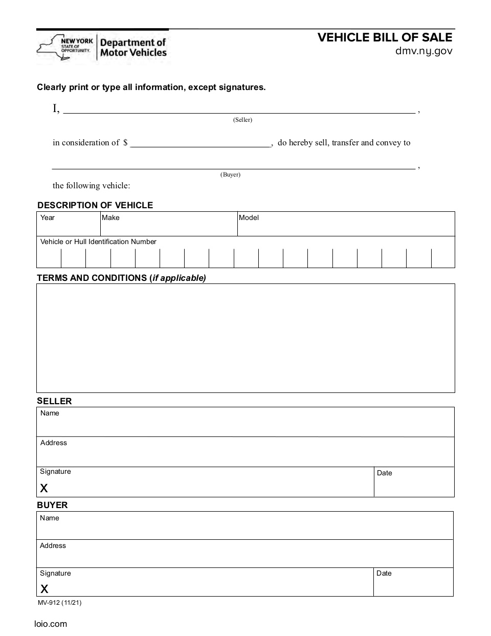 New York Motor Vehicle Bill of Sale Page 1