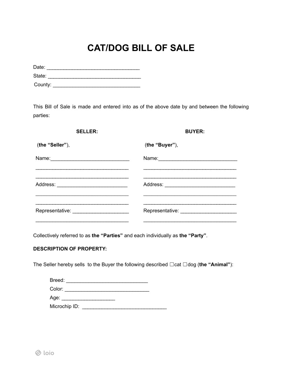 Bill of Sale for Dog or Cat Page 1
