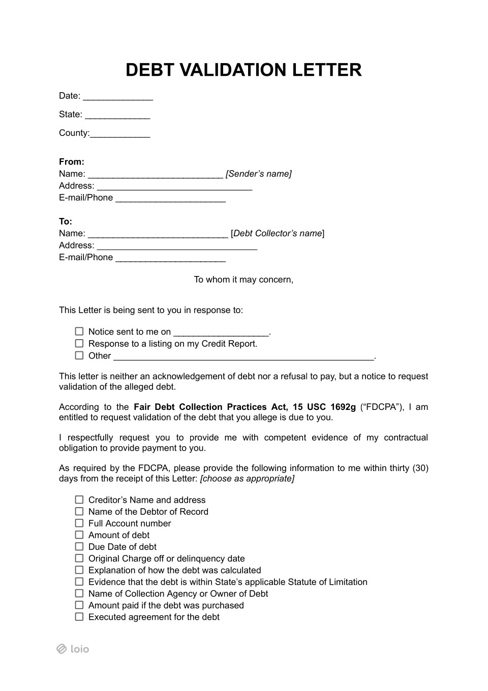 Debt Validation Letter Page 1