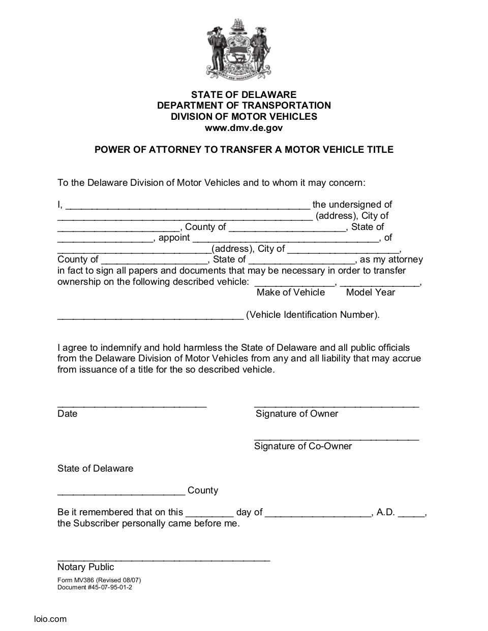 Delaware Motor Vehicle Power of Attorney Page 1