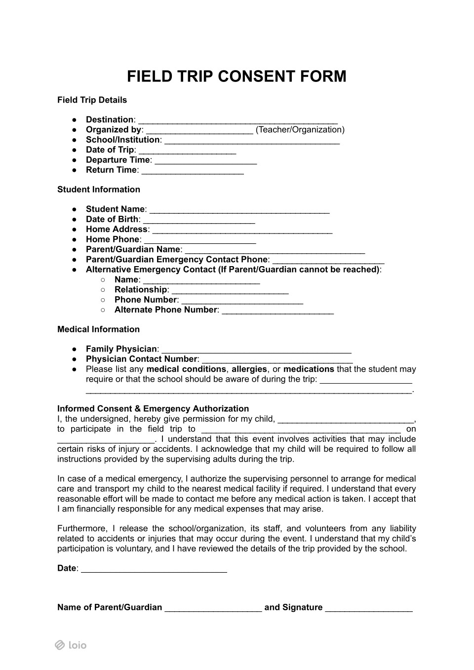 Field Trip Consent Form Page 1