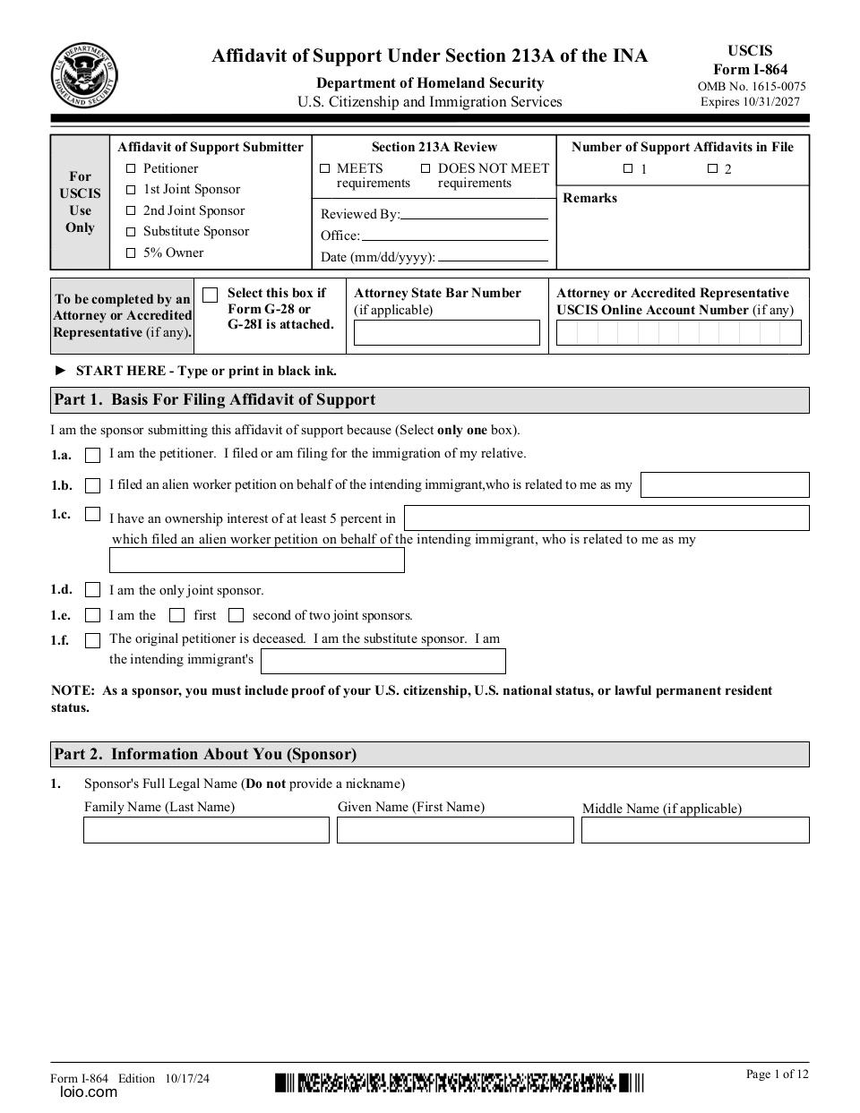 Form I-864 Page 1