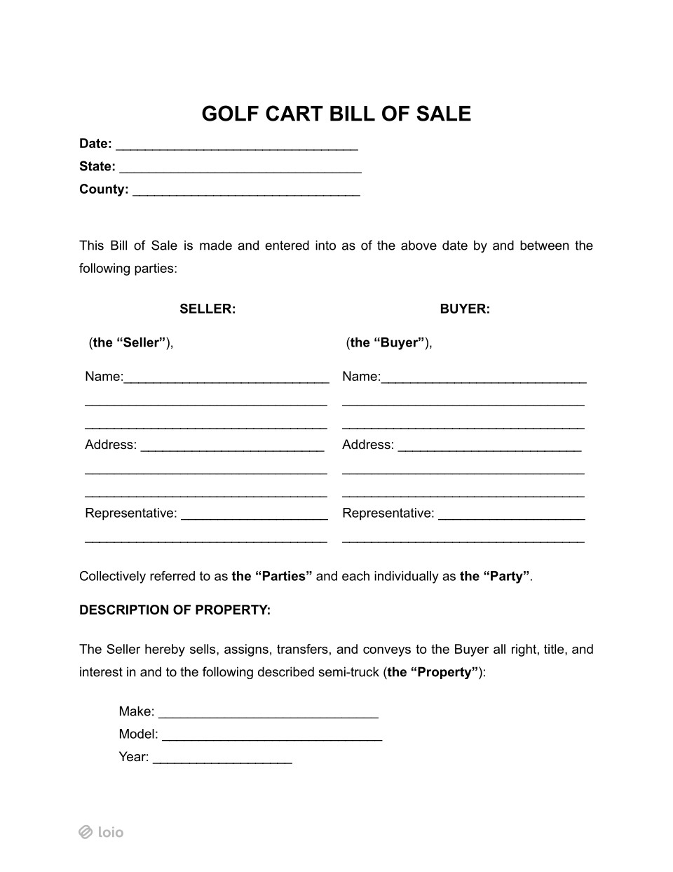 Golf Cart Bill of Sale Page 1