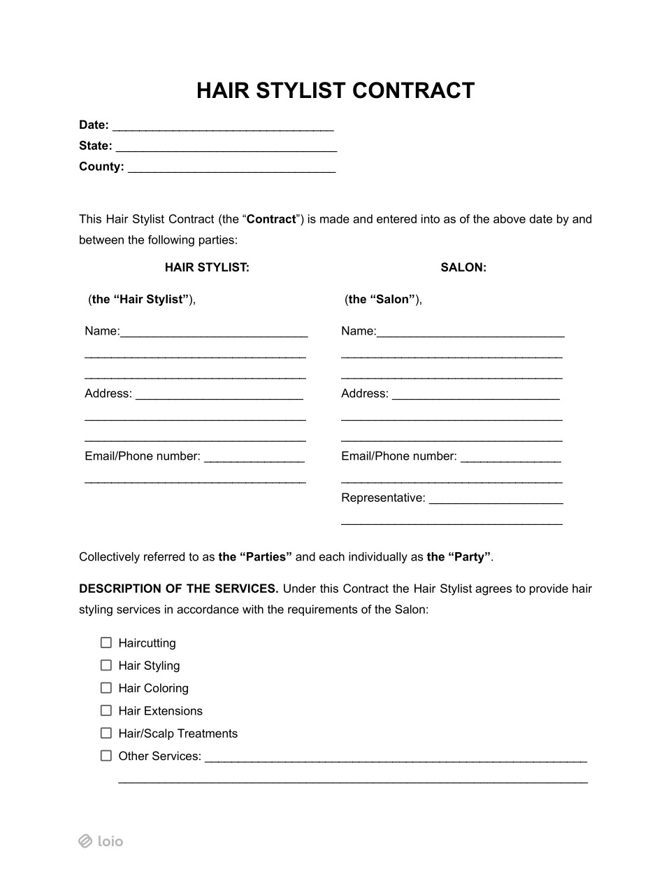 Hair Stylist Contract Page 1