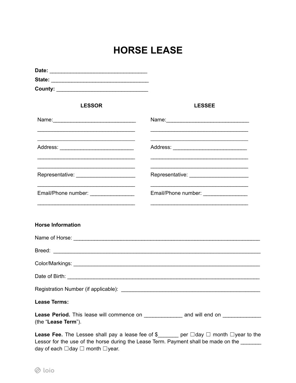 Horse Lease Form Page 1