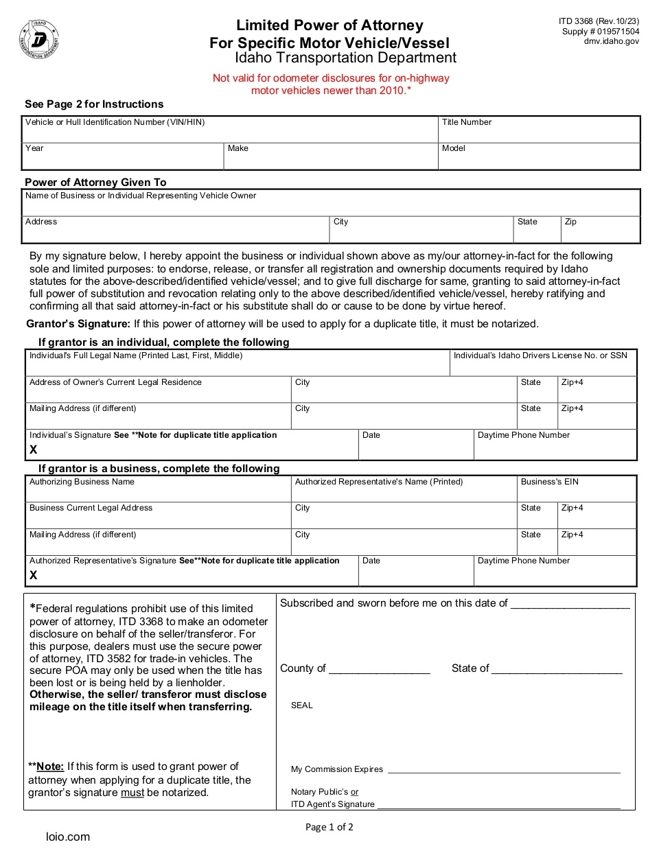 Idaho Motor Vehicle Power of Attorney Page 1