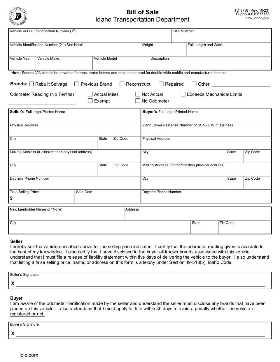 Idaho Motor Vehicle Bill of Sale Page 1
