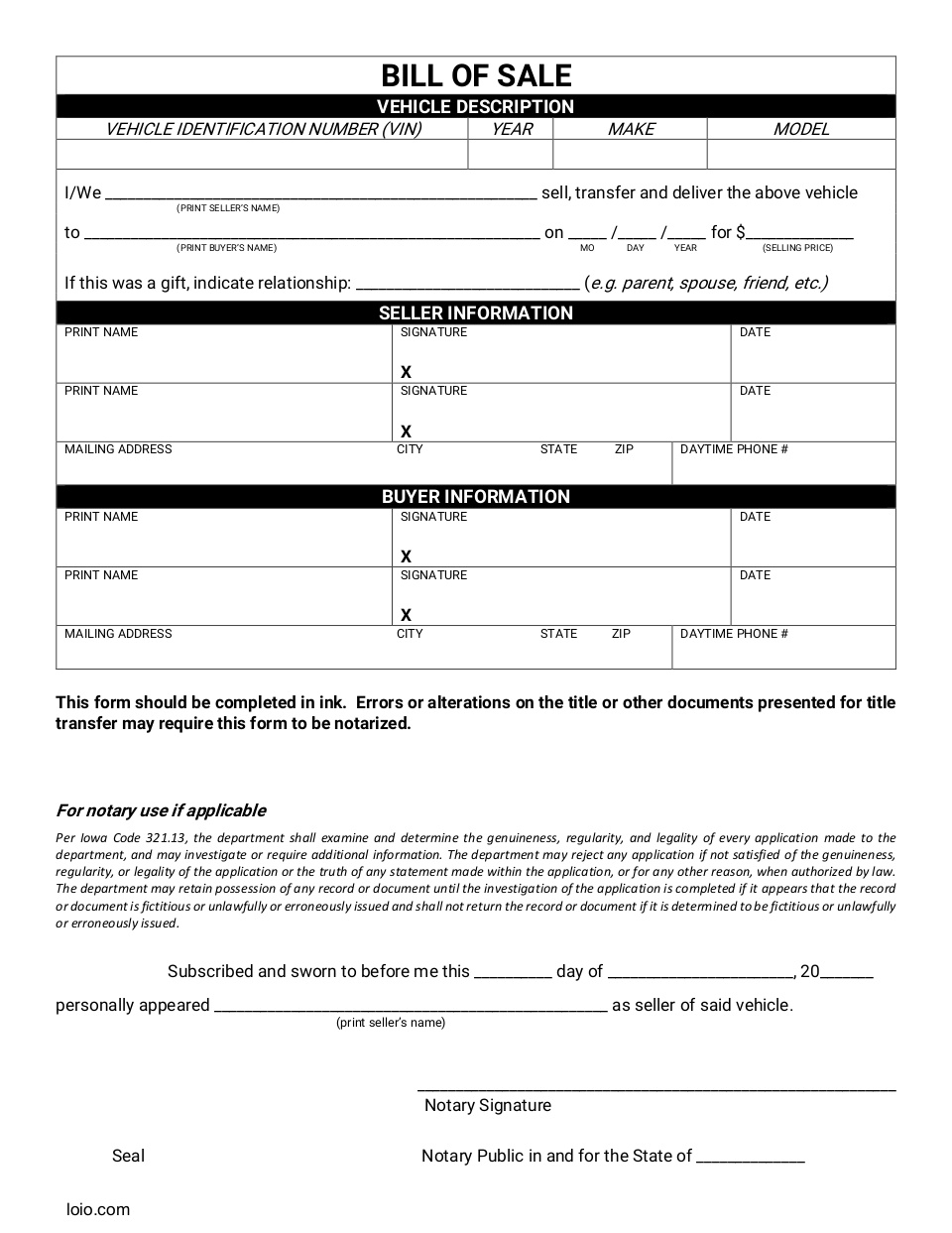 Iowa Motor Vehicle Bill of Sale Page 1