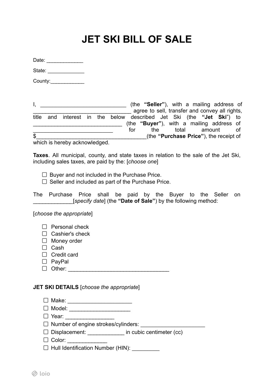 Jet Ski Bill of Sale Page 1
