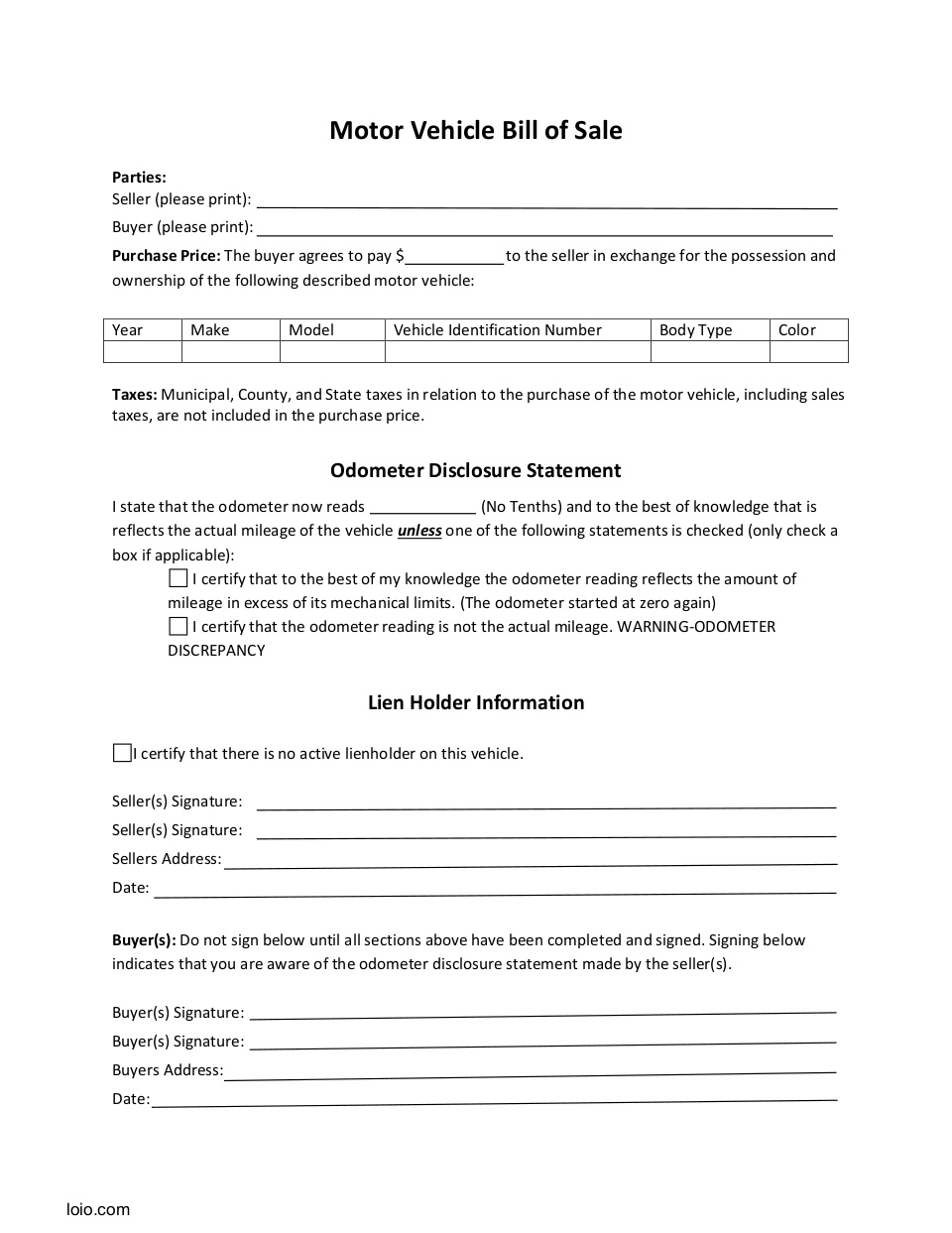 Maine Motor Vehicle Bill of Sale Page 1