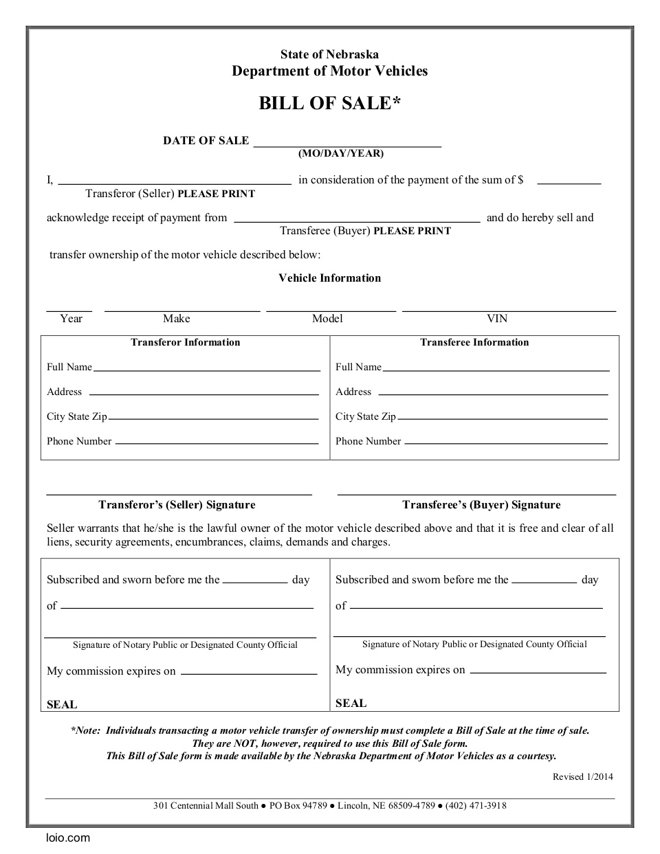 Nebraska Motor Vehicle Bill of Sale Page 1