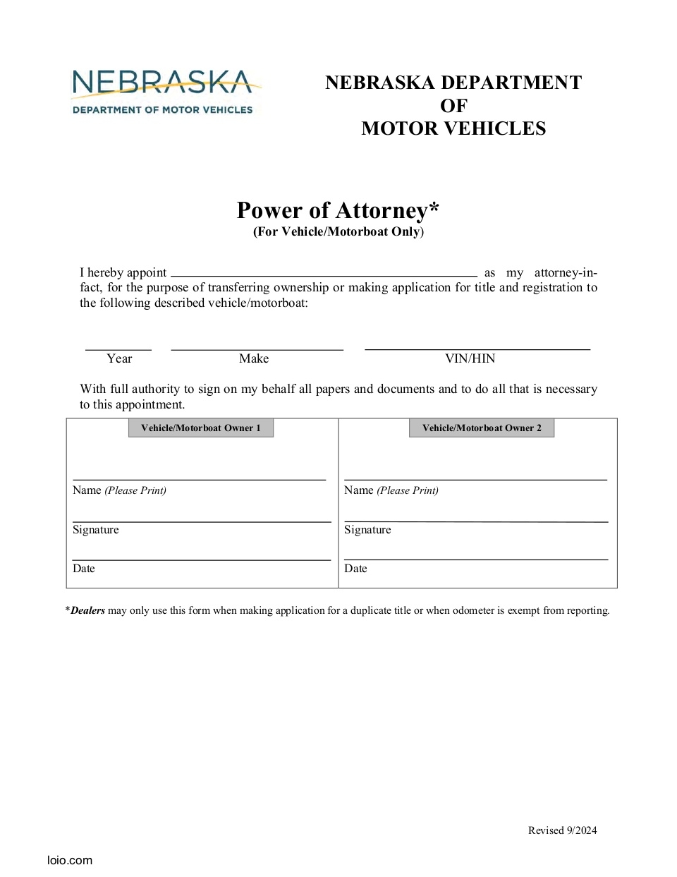 Nebraska Motor Vehicle Power of Attorney Page 1