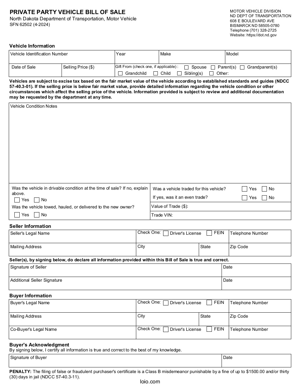 North Dakota Motor Vehicle Bill of Sale Page 1