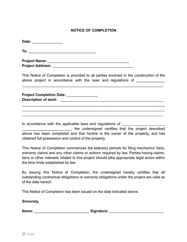 Free Notice of Completion Form - Create & Download