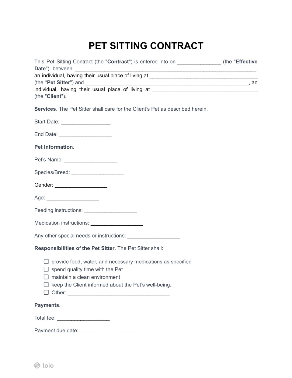 Pet Sitting Contract Page 1