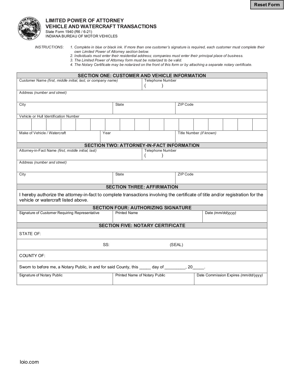 Indiana Motor Vehicle Power of Attorney Page 1