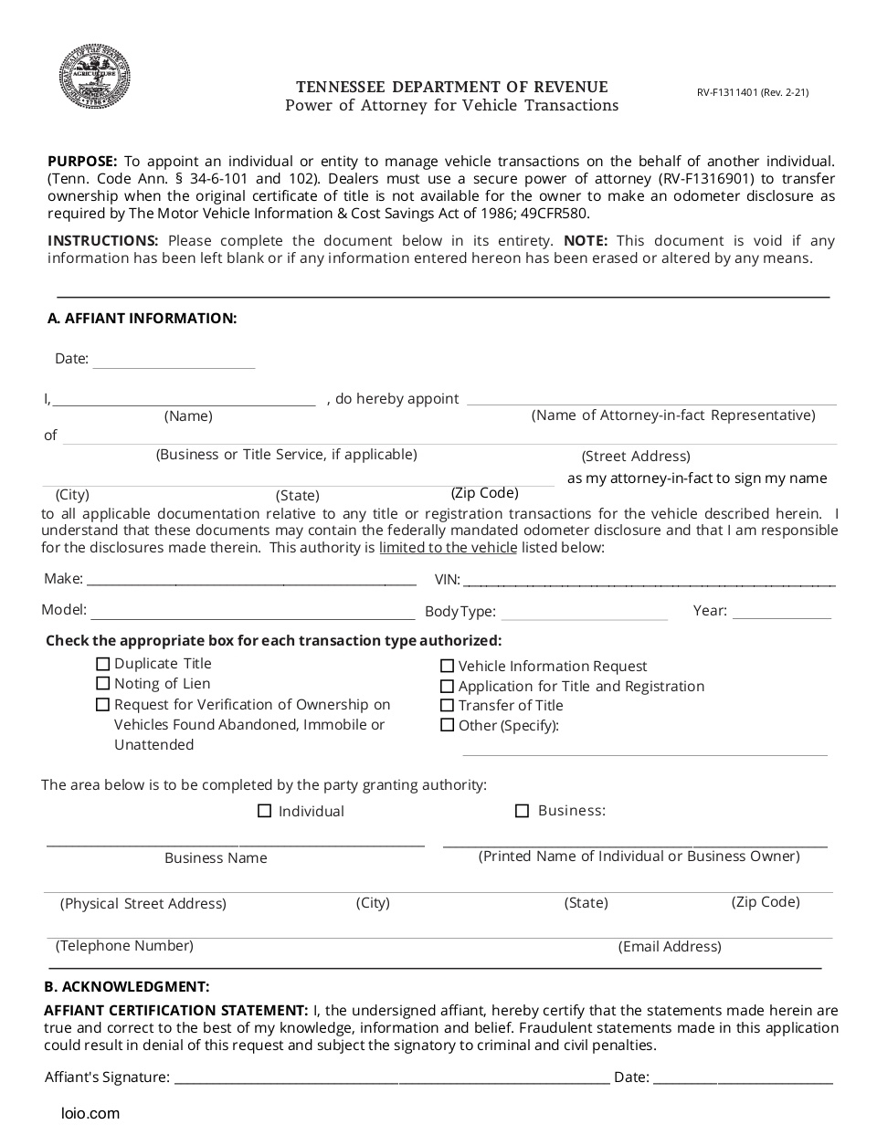 Tennessee Motor Vehicle Power of Attorney Page 1