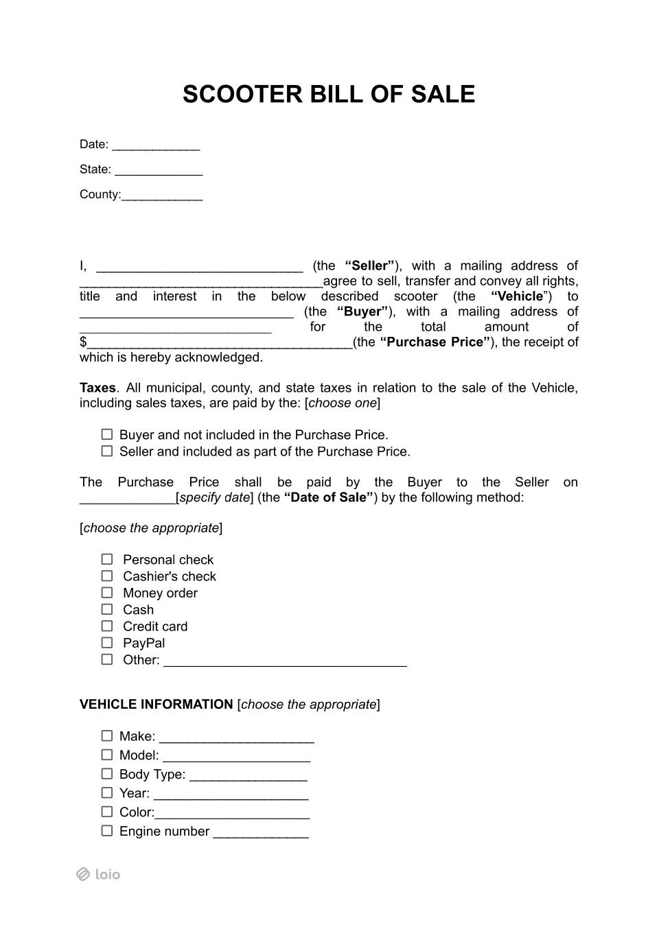 Bill of Sale for Scooter/Moped Page 1