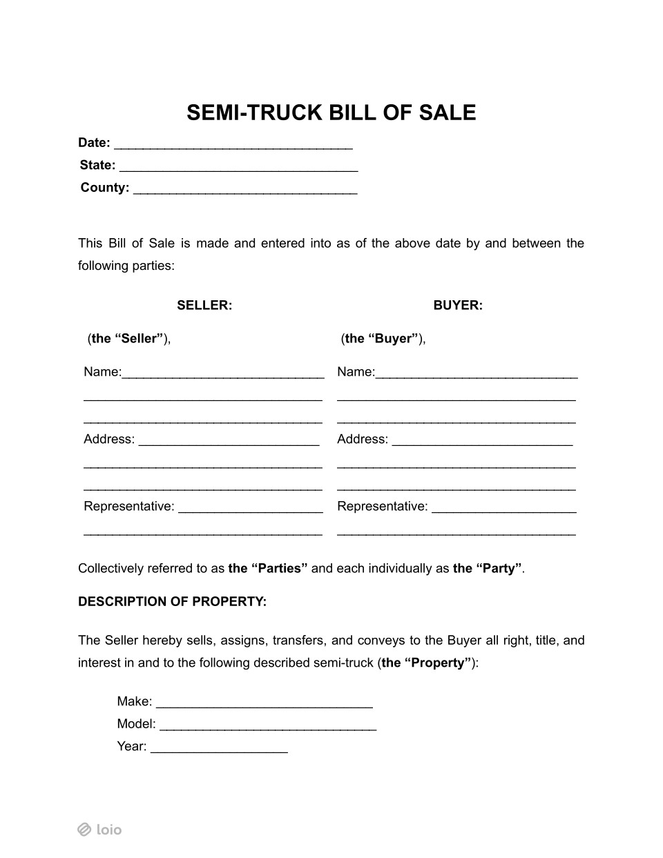 Bill of Sale for Semi-Truck Page 1