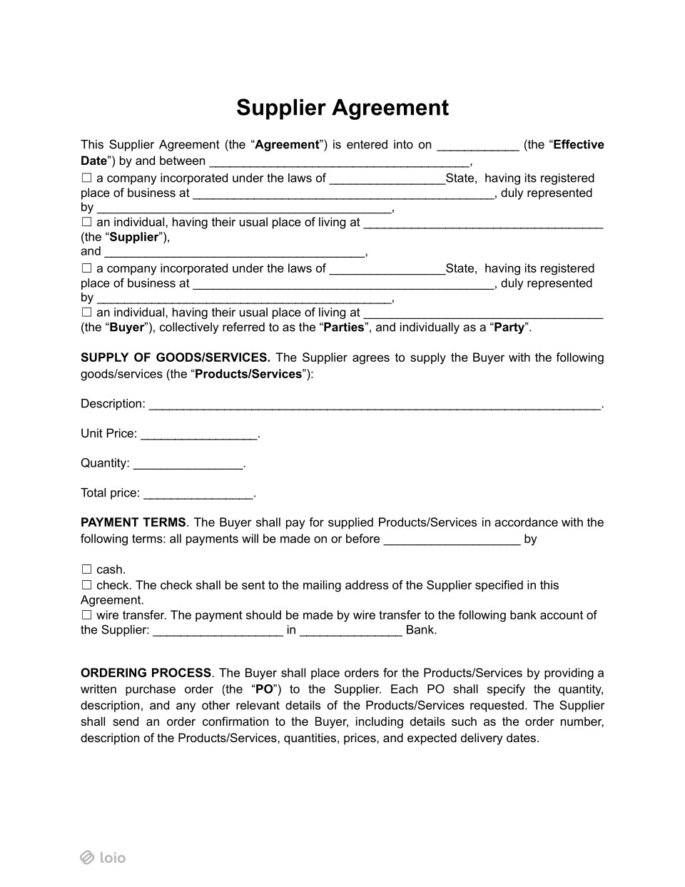Supplier Agreement Page 1