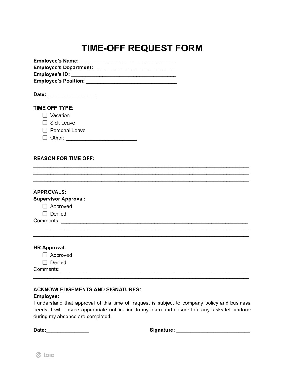 Time Off Request Form Page 1