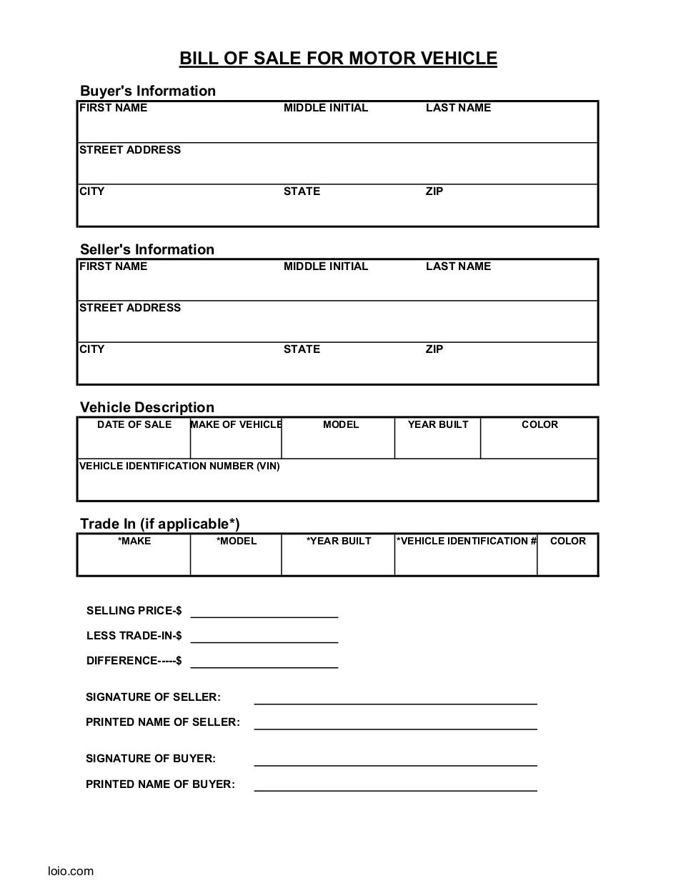 Tennessee Motor Vehicle Bill of Sale Page 1