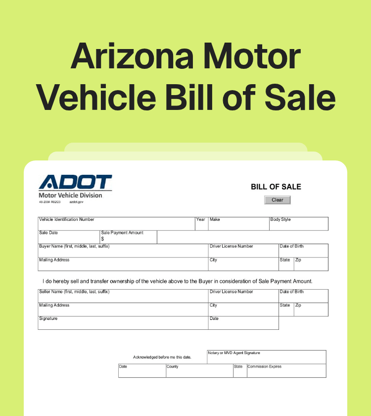 Arizona Motor Vehicle Bill of Sale Preview