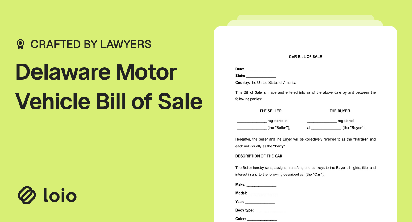 Delaware Motor Vehicle Bill of Sale Preview