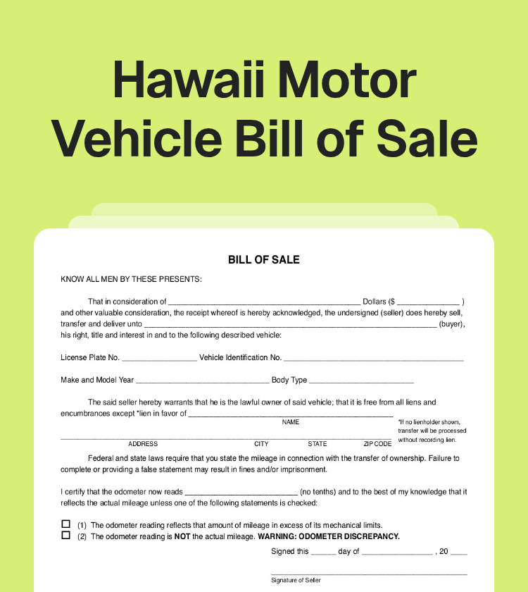 Hawaii Motor Vehicle Bill of Sale Preview