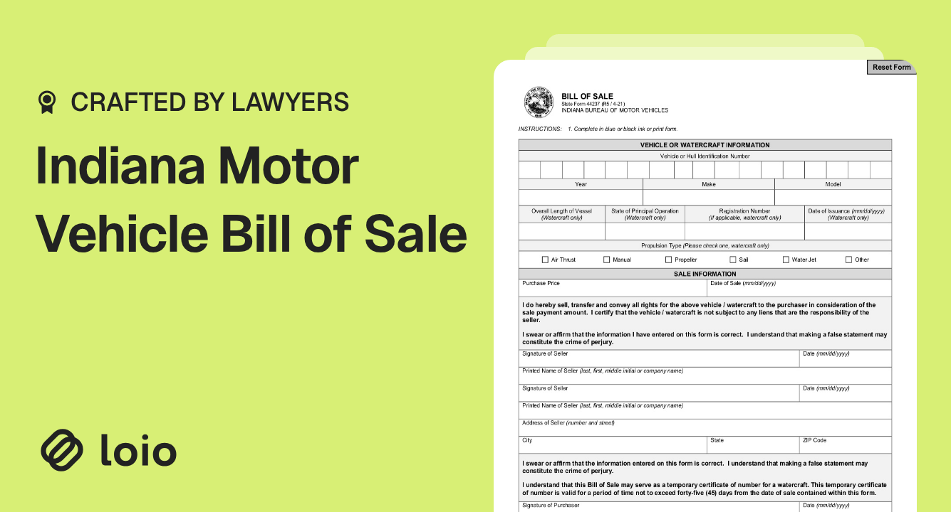 Indiana Motor Vehicle Bill of Sale Preview