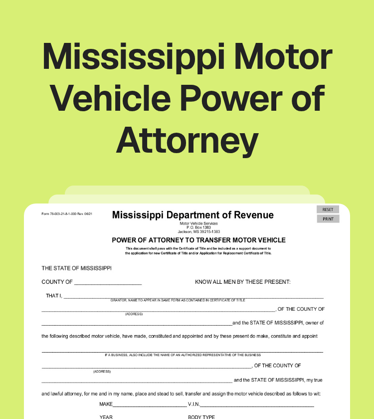 Mississippi Motor Vehicle Power of Attorney Preview