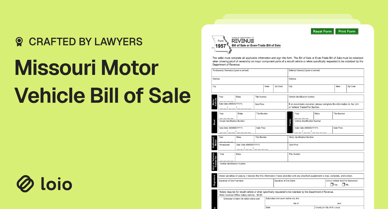 Missouri Motor Vehicle Bill of Sale Preview