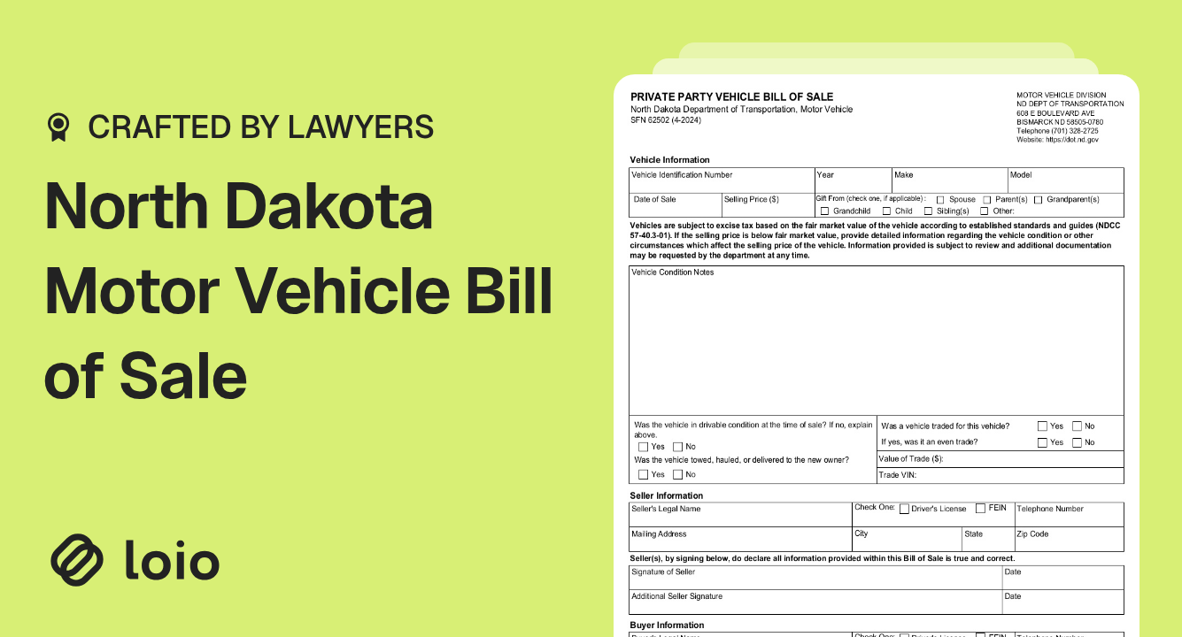 North Dakota Motor Vehicle Bill of Sale Preview