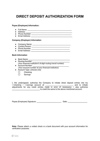 Direct Deposit Authorization Form Preview