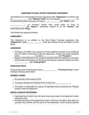 Real Estate Purchase Agreement Addendum