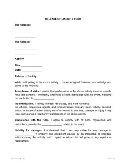 Release of Liability Form Preview