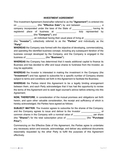 Investment Agreement Preview