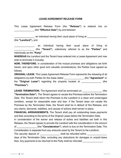 Lease Agreement Release Form Preview