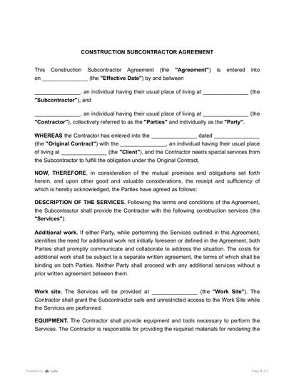 Construction Subcontractor Agreement Preview