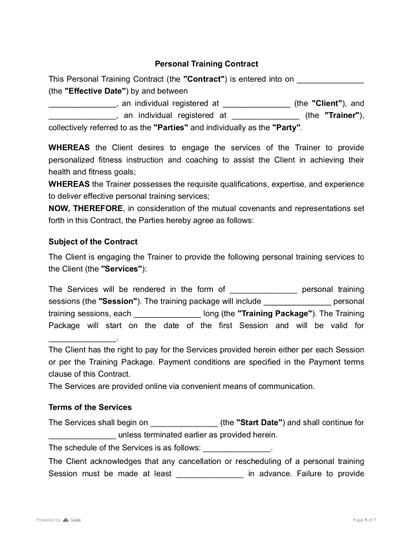 Personal Training Contract Preview