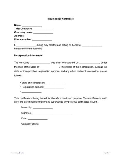 Incumbency Certificate Preview