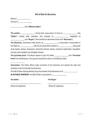 Bill of Sale for Business