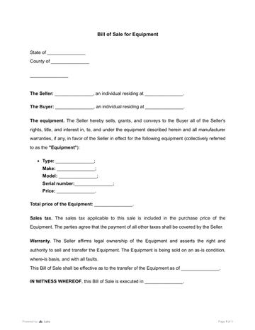 Bill of Sale for Equipment